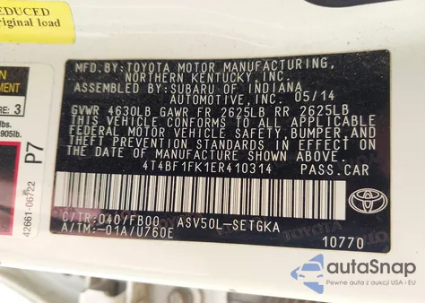 2014 Toyota Camry Xle from USA, damaged, VIN 4T4BF1FK1ER410314